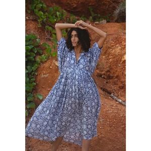 Daughters Of India Kyra Floral Boho Front Tie Half Sleeve Midi Dress Blue Iris S